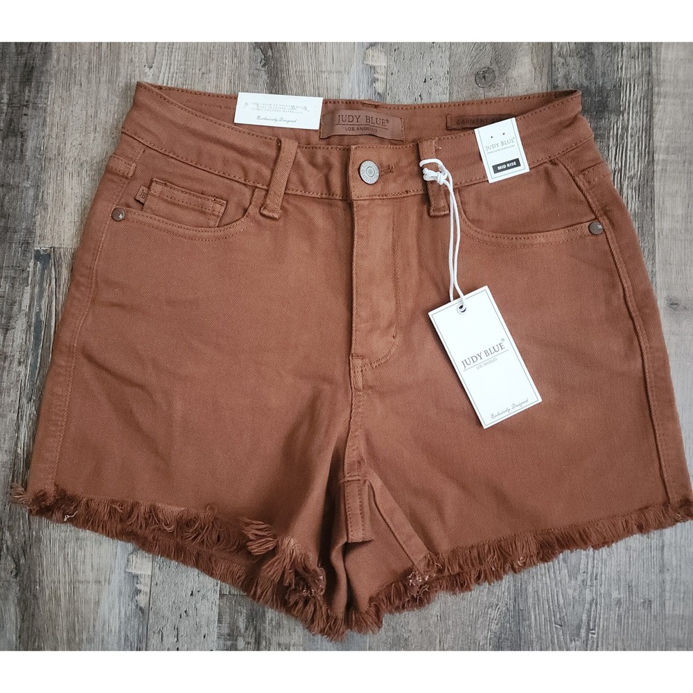 Judy Blue Denim Shorts Womens Small Brown Mid Rise Frayed Raw Hem JB150109 C